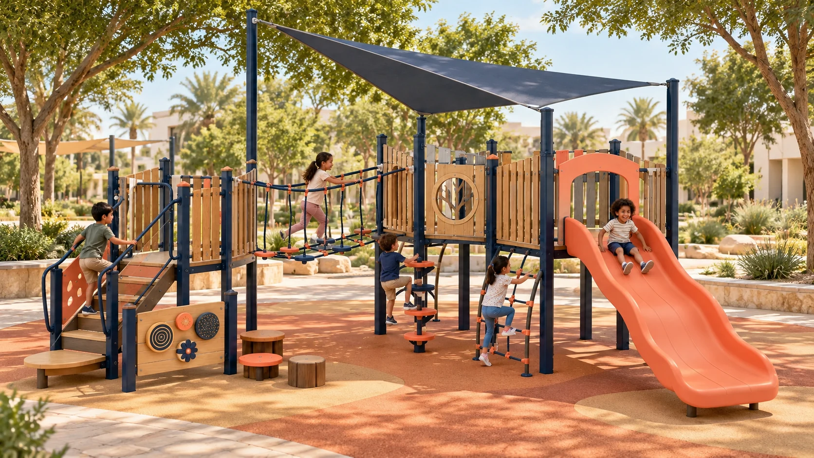 Illustrative UAE park setting for the Canopy Compass Discovery Grove playground concept; site and equipment details are conceptual.