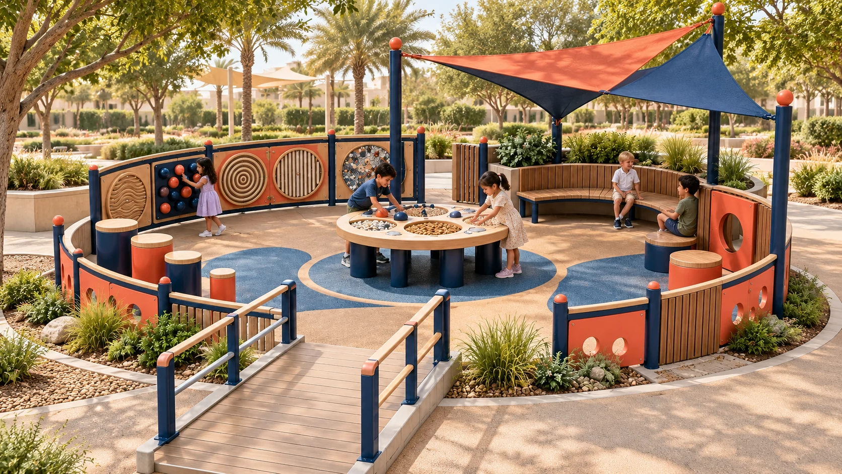 Illustrative UAE park setting for the Sensory Orbit Plaza playground concept; site and equipment details are conceptual.