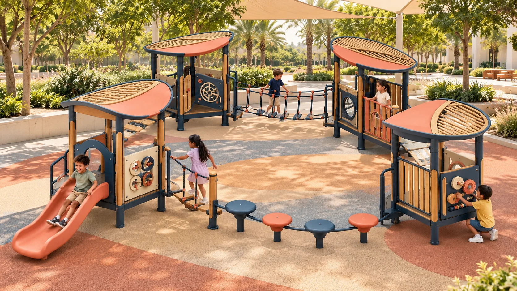 Illustrative UAE park setting for the Mosaic Garden Loop playground concept; site and equipment details are conceptual.