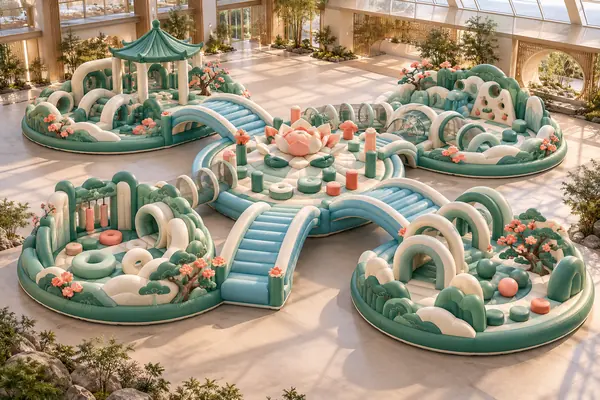 Floating Garden Adventure — China Mountain & Water Garden inflatable concept visualisation, not an installed attraction