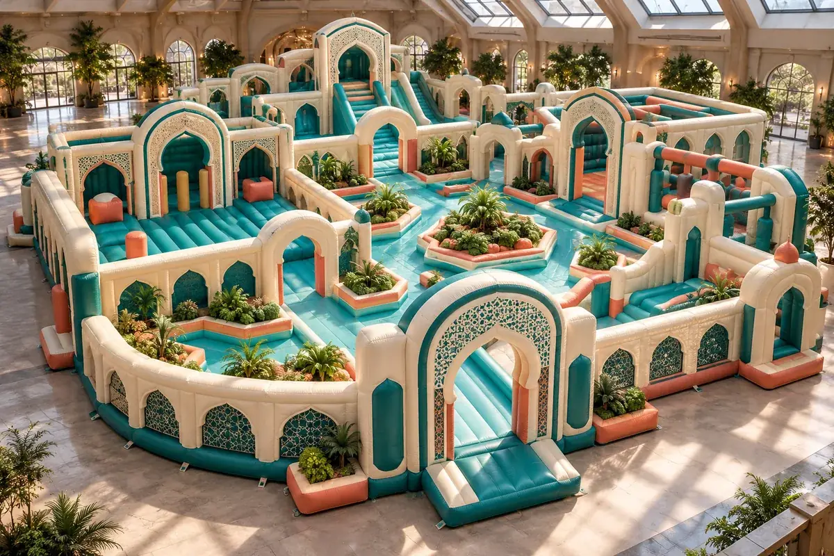Lost Water Gardens: Ivory arches, geometric courts and turquoise routes turn garden storytelling into shared play. AI-generated inflatable concept visualisation, not an installed attraction.