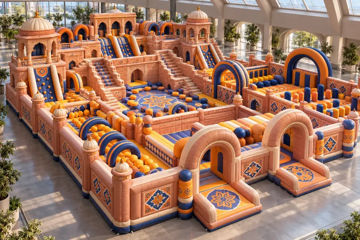Royal Stepwell Challenge: Terraced movement routes meet colourful festival courts in an India-inspired inflatable landscape. AI-generated inflatable concept visualisation, not an installed attraction.