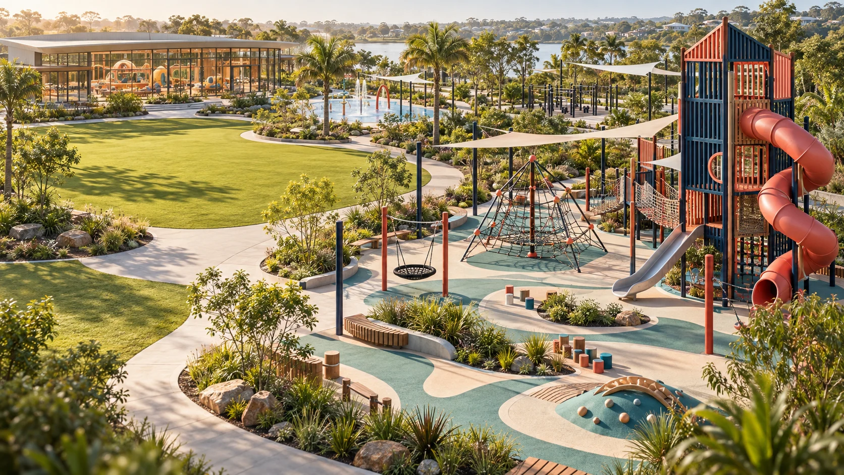 AG architectural concept of a landscaped play destination with towers, rope play, sensory activities and shade