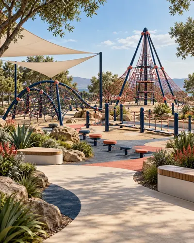 Original AG architectural concept for adventure + movement: Climb, balance and explore a new challenge. Artistic visual; technical design and suitability pending.