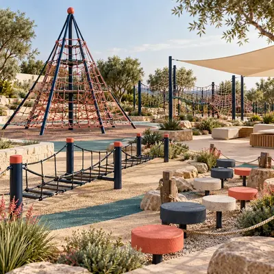 Original AG architectural concept for adventure + movement: Climb, balance and explore a new challenge. Artistic visual; technical design and suitability pending.