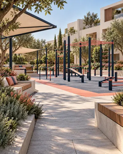 Original AG architectural concept for fitness + active community: Movement and connection beyond the playground. Artistic visual; technical design and suitability pending.
