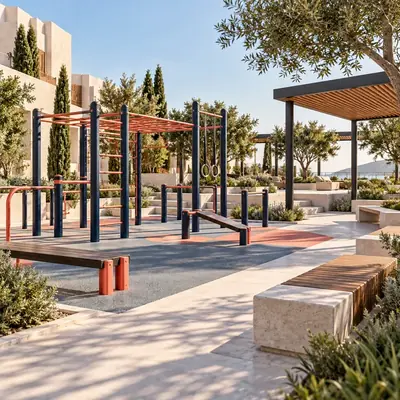 Original AG architectural concept for fitness + active community: Movement and connection beyond the playground. Artistic visual; technical design and suitability pending.