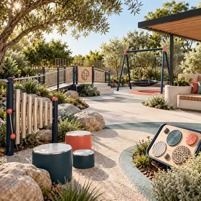 Original AG architectural concept for inclusive + sensory: Design directions for participation, expression and shared discovery. Artistic visual; technical design and suitability pending.