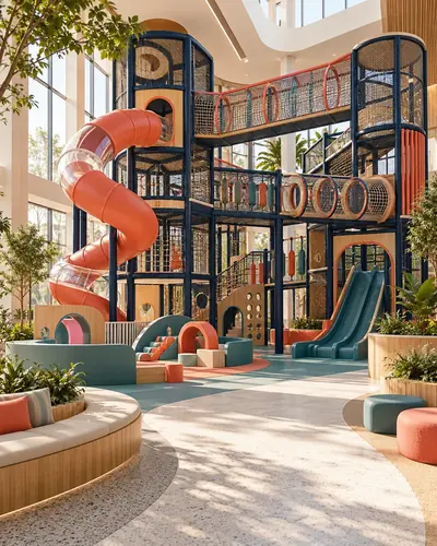 Original AG architectural concept for indoor play: Layered adventures, designed around the room. Artistic visual; technical design and suitability pending.