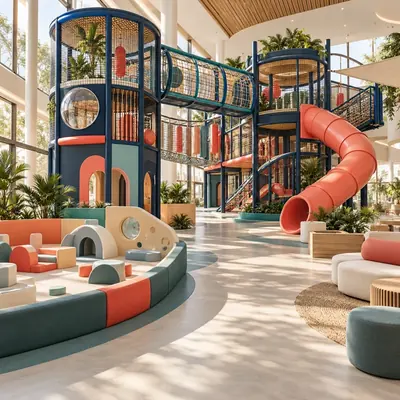 Original AG architectural concept for indoor play: Layered adventures, designed around the room. Artistic visual; technical design and suitability pending.