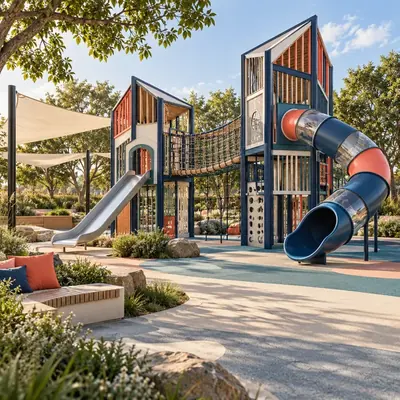 Original AG architectural concept for outdoor play: Towers, swings and everyday discoveries in the open air. Artistic visual; technical design and suitability pending.