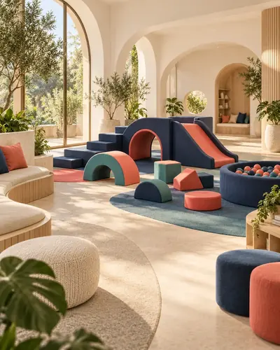 Original AG architectural concept for soft play + early years: Gentle movement, small discoveries and imaginative beginnings. Artistic visual; technical design and suitability pending.