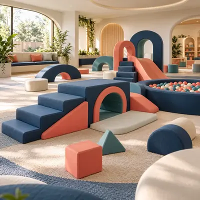 Original AG architectural concept for soft play + early years: Gentle movement, small discoveries and imaginative beginnings. Artistic visual; technical design and suitability pending.