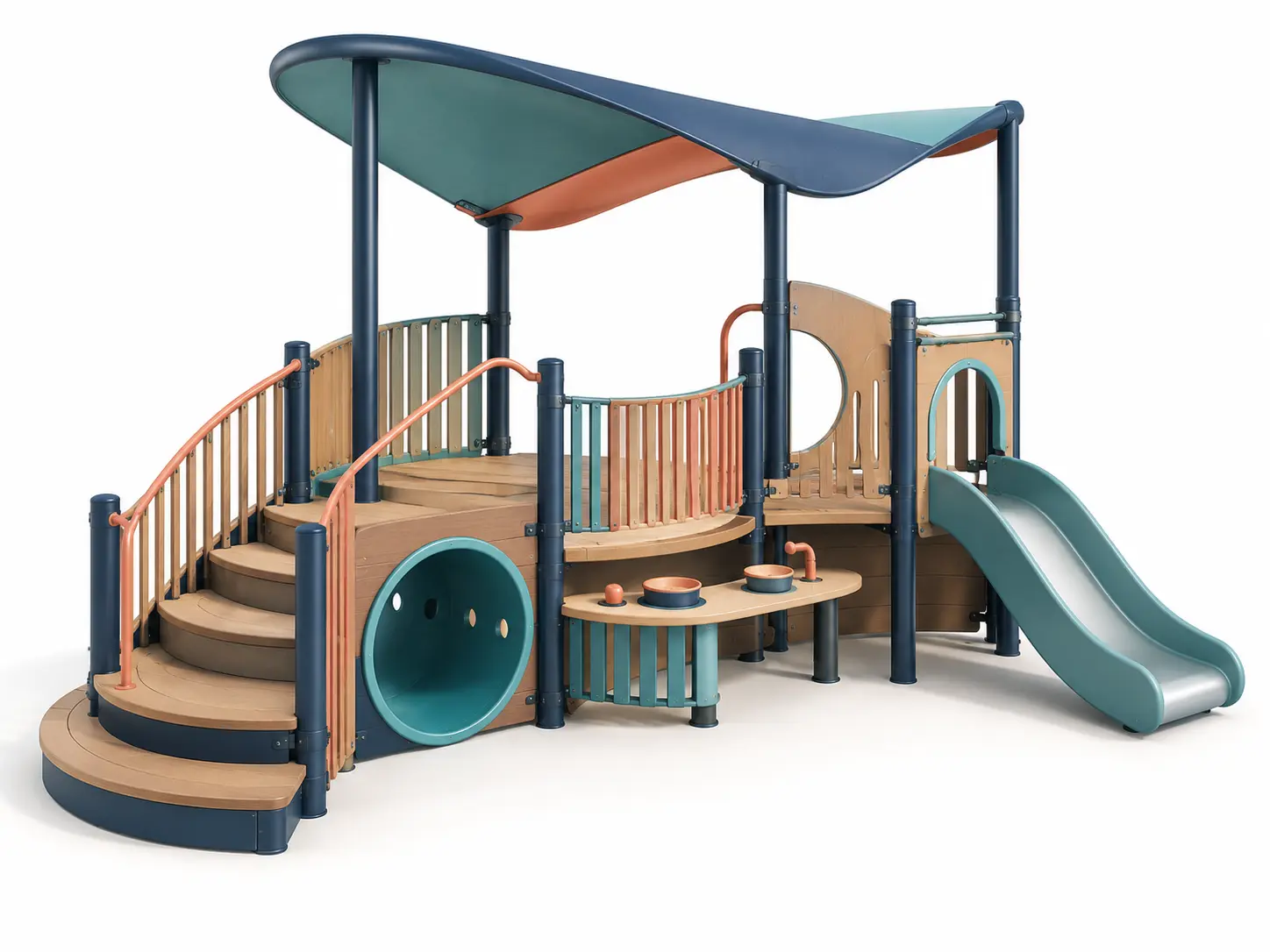 Harbour Steps Play Nook playground concept with a compact crescent-shaped play nook with a low stepped platform, short slide, crawl portal, activity panels and folded shade canopy.