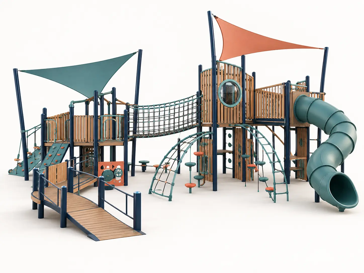 Grand Canopy Expedition playground concept with a large destination concept linking varied platforms, net crossings, climbing routes, ground-level play and multiple shade sails.
