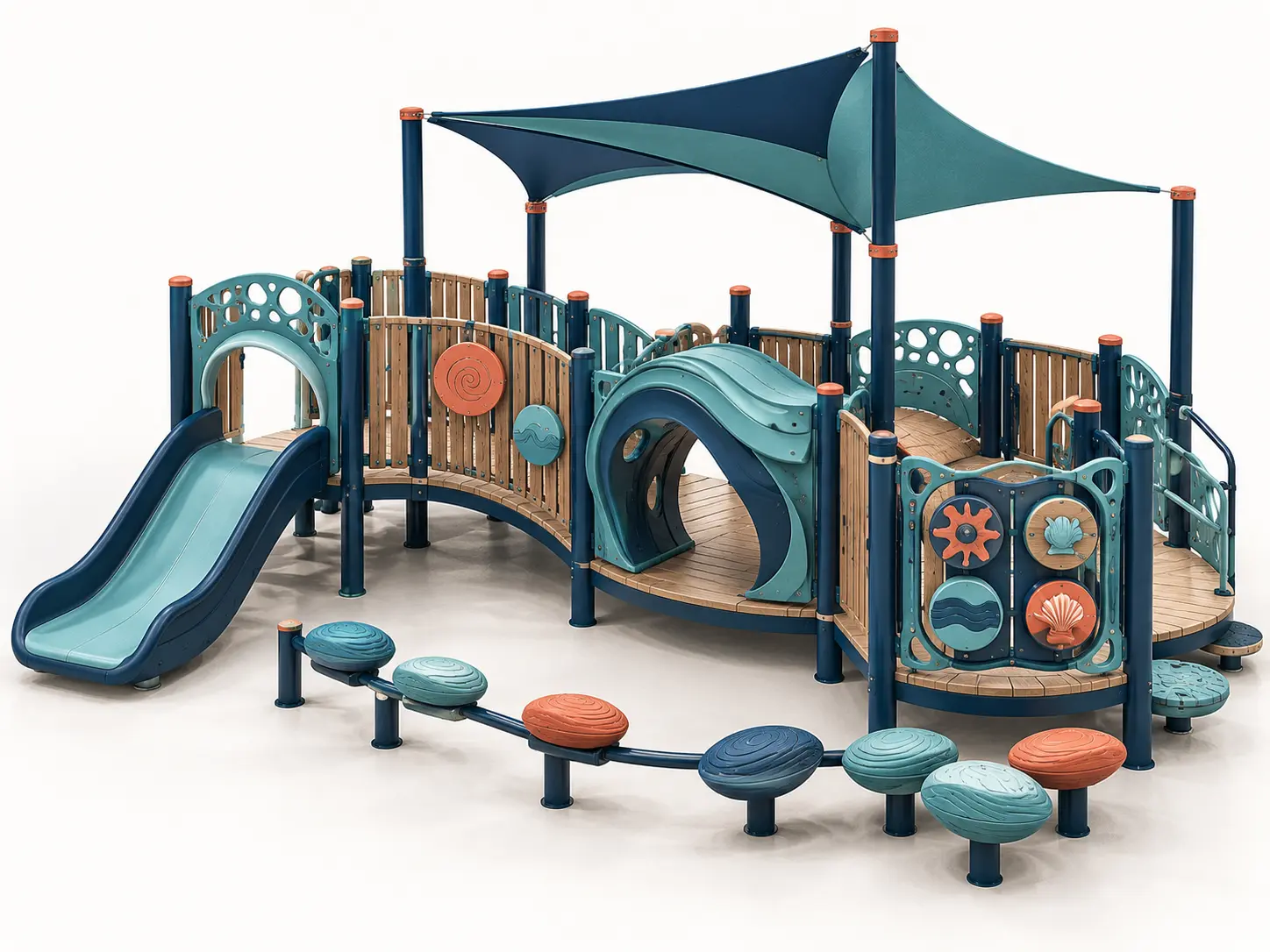 Tidepool Discovery Pavilion playground concept with a flowing coastal-inspired concept with rounded activity pods, a wave-like crawl portal, short slide, tactile panels and shade canopy.