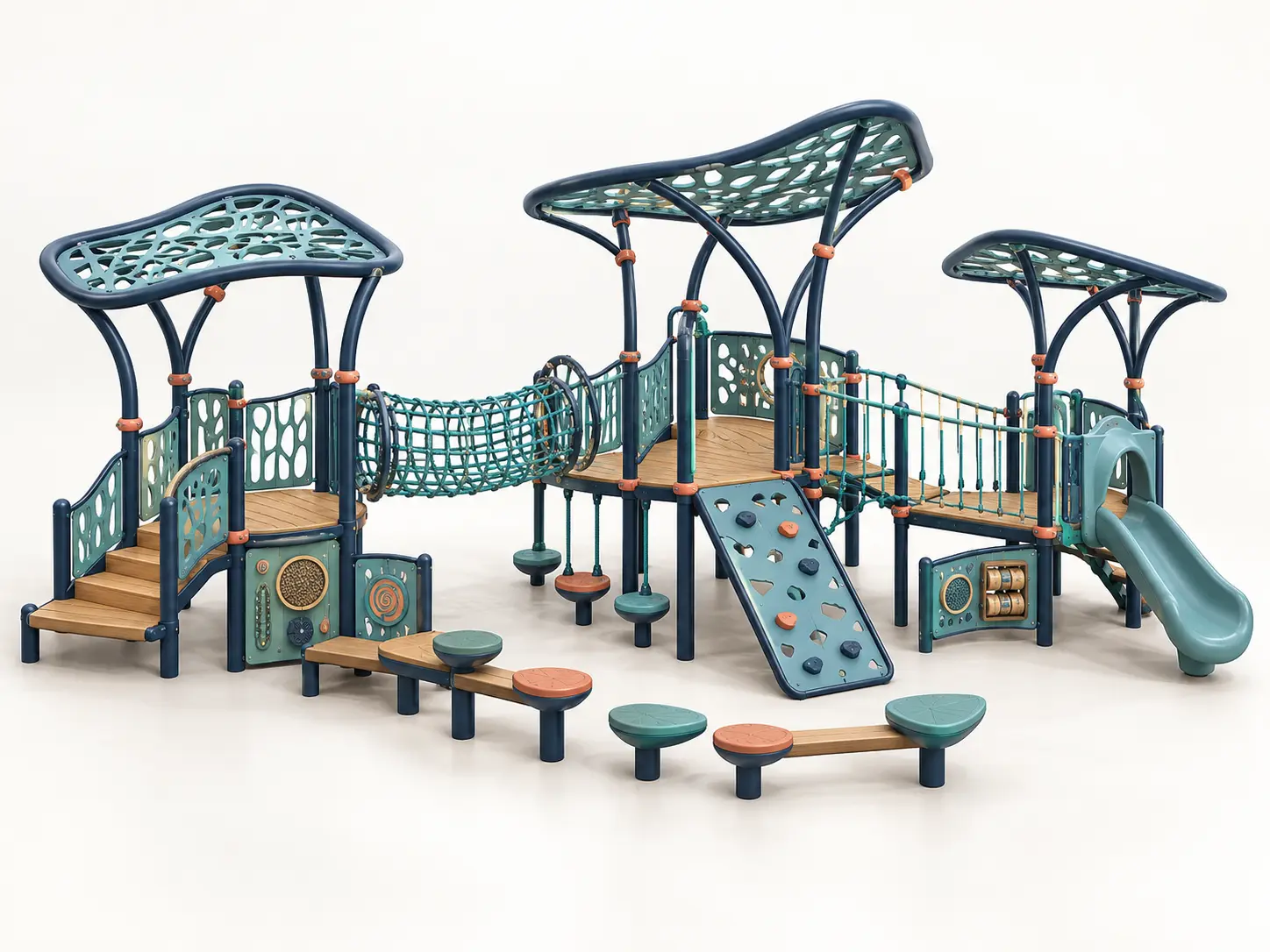 Rootline Discovery Fort playground concept with a branching nature-inspired play route with varied climbing frames, net tunnel, scramble panel, stepping pods and discovery panels.