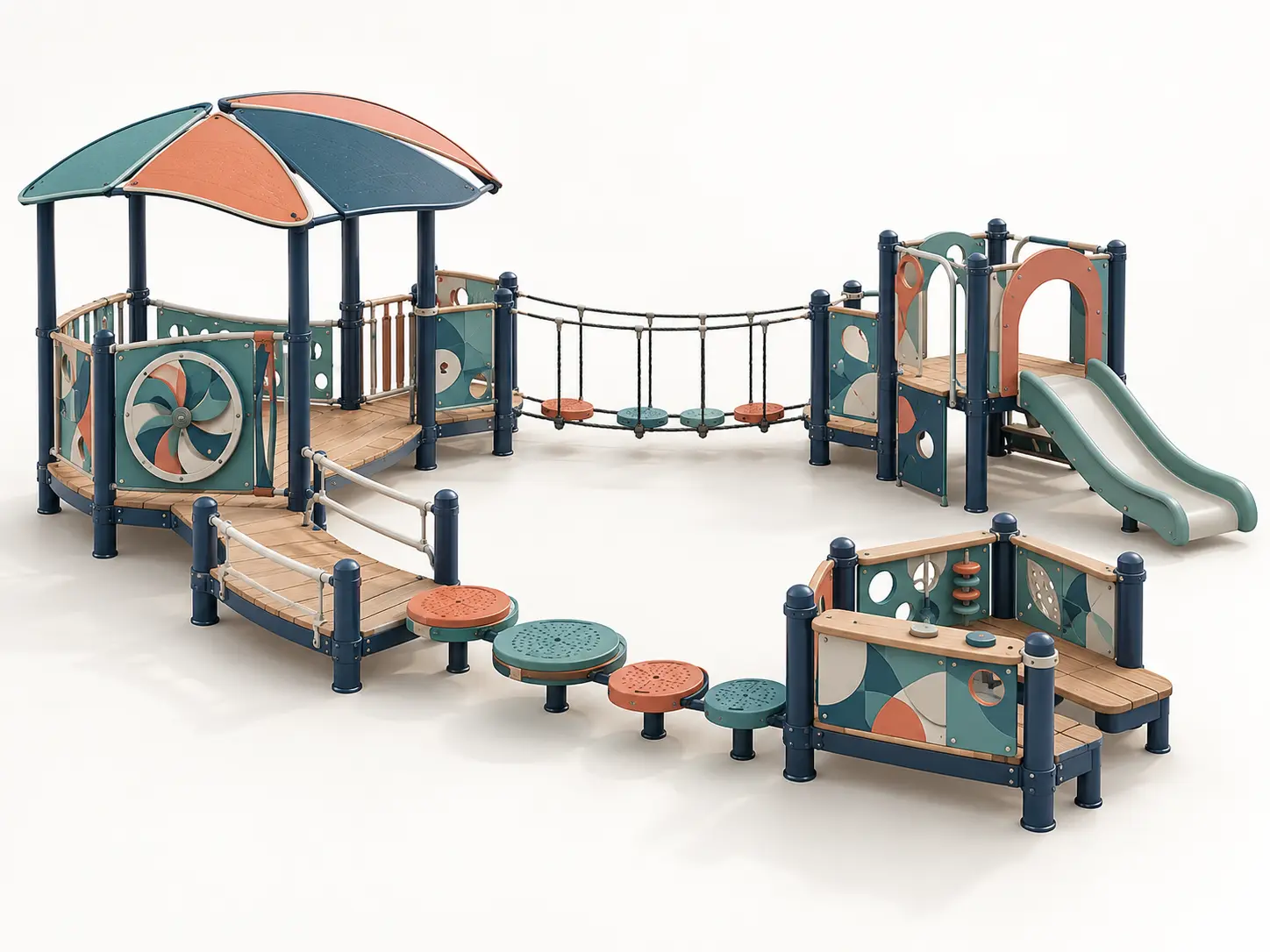 Mosaic Garden Loop playground concept with four low pavilions form an open play loop, with a short slide, tactile activity panels, rope traverse, stepping pods and partial shade.