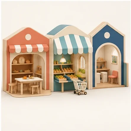 AG Interior Roleplay Village — original isolated AG concept illustration; not a production specification.