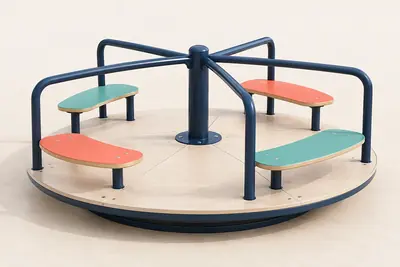 AI concept visual: one original low playground roundabout carousel, circular pale platform, navy radial handrails, teal and coral seats, entire equipment visible, isolated on warm off-white studio.