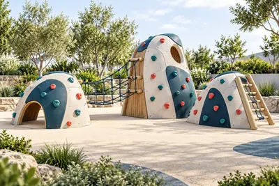 AI concept visual: an original freestanding children's climbing installation with three sculptural low bouldering forms, rounded climbing panels, teal and coral handholds, a rope scramble.
