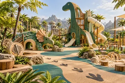 AI concept of an original dinosaur playground with a dinosaur-shaped tower, triceratops climbing feature and fossil trail.