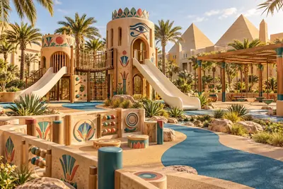 AI concept visual of an Ancient Egypt inspired playground with sandstone-inspired play towers and Nile-pattern surfacing.