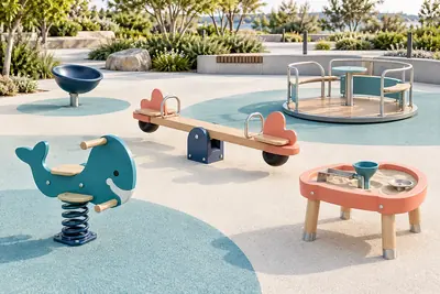 AI concept of a freestanding play collection containing a spring rider, seesaw, carousel, spinning bowl and sand activity table.