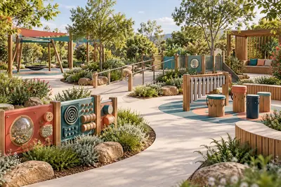 AI concept visual of an inclusive garden with low sensory panels, musical play, a ramp and shaded seating.