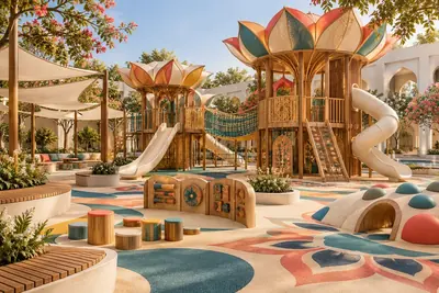 AI concept of an India-inspired contemporary playground with a lotus canopy, geometric surfacing and colourful sensory panels.