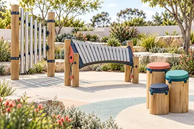 AI concept visual: an outdoor musical playground grouping, freestanding chime tubes, a large curved xylophone panel and three hand drums, timber posts, navy fixings and restrained coral and teal.