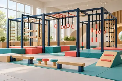 AI concept visual: a bright indoor junior ninja course, slim navy frames with hanging rings, horizontal traverse bars, teal and coral padded landing platforms, low balance.