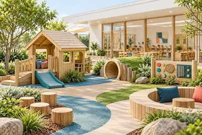 AI concept visual: a nursery outdoor learning garden with very low timber playhouse, short gentle slide, small crawl tunnel, sensory panel and quiet seating, a bright preschool classroom facade.