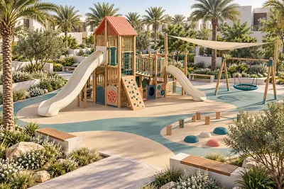AI concept visual of a landscaped outdoor playground with timber towers, cream slides, a nest swing and shade.