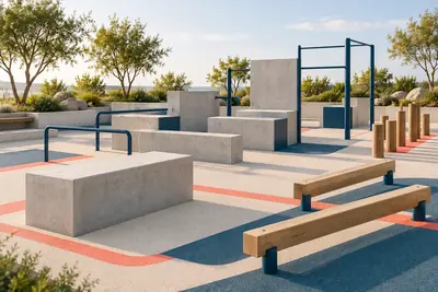AI concept visual: a dedicated contemporary outdoor parkour training area with staggered low concrete vault blocks, navy rail bars, timber balance beams and marked pale rubber ground, no exercise.