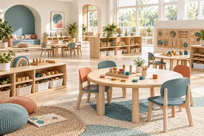 AI concept of preschool tables, small chairs, low shelves, toy bins and tactile educational resources.
