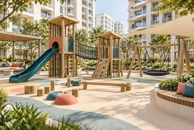 AI concept visual: a contemporary residential apartment community playground with timber towers, a nest swing, low sensory activities, shaded seating and pale rubber ground, modern white.