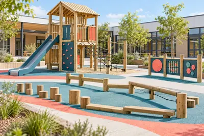 AI concept visual: a bright modern primary school outdoor playground courtyard with a timber adventure tower, climbing net, balance trail and ground-level activity panels, restrained teal and.