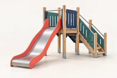 AI concept visual: an isolated original playground slide system with a timber deck and one gently curved stainless steel slide with coral side panels, access steps and side barriers, entire.