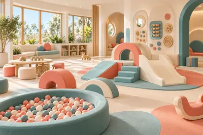 AI concept of a dedicated toddler soft-play room with low padded arches, a small slide and pastel ball pool.