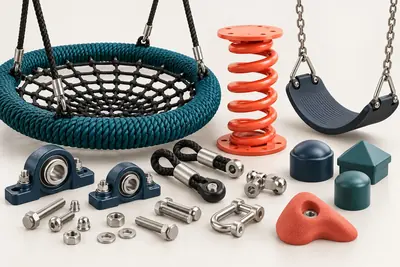 AI concept studio display of replacement swing seats, a coil spring, fasteners, bearings, post caps, connectors and a climbing hold.