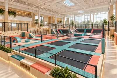 AI concept of a bright indoor trampoline venue with dark jump beds, teal and coral padded edges and protective netting.