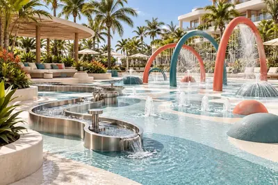 AI concept visual of a landscaped splash-play garden with low water channels and spray arches.